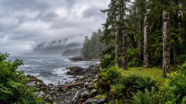 Haida Gwaii BC ancient totem poles in coastal rainforest with ocean mist, Professional Editorial Nature Photograph.