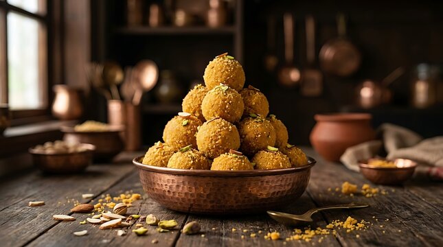 A copper bowl filled with stacked Indian besan laddu sweets on a rustic wooden kitchen table