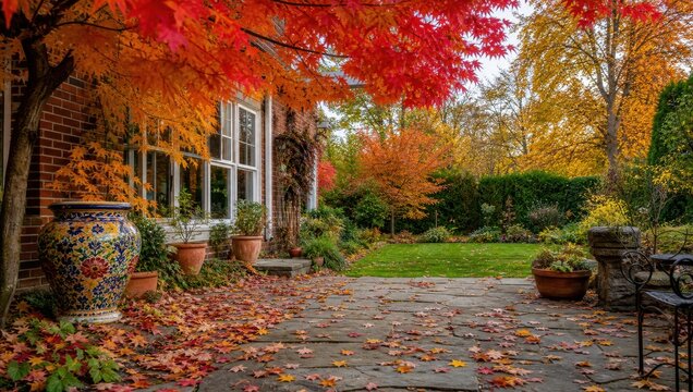Backyard patio garden landscape during autumn season with vibrant red and orange maple tree leaves.