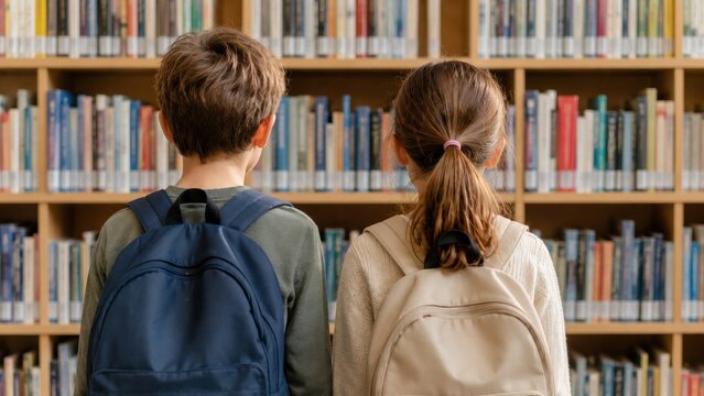  Vue de dos de deux jeunes &eacute;coliers avec des sacs &agrave; dos choisissant des livres dans une biblioth&egrave;que. Concept d'&eacute;ducation et de rentr&eacute;e scolaire