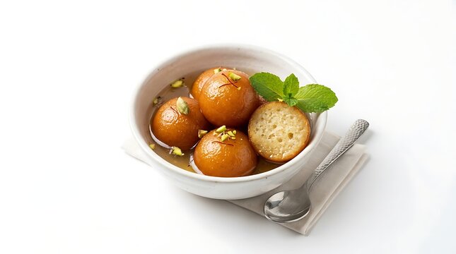Gulab jamun dessert balls served in a white ceramic bowl with syrup and garnished with pistachio nuts