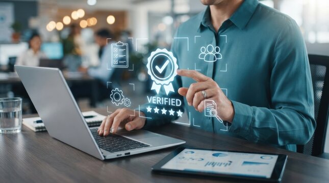 Businessman interacting with verified digital icons and analytics at office desk