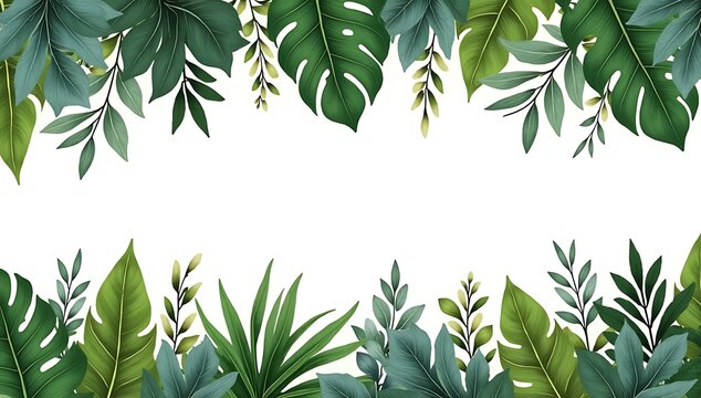 Beautiful green tropical leaves border frame with diverse exotic plants and foliage elements