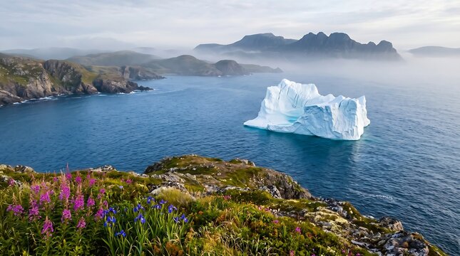 Newfoundland iceberg off Twillingate coast in morning mist, Atlantic Ocean, High-Resolution Travel and Nature Stock Photo.