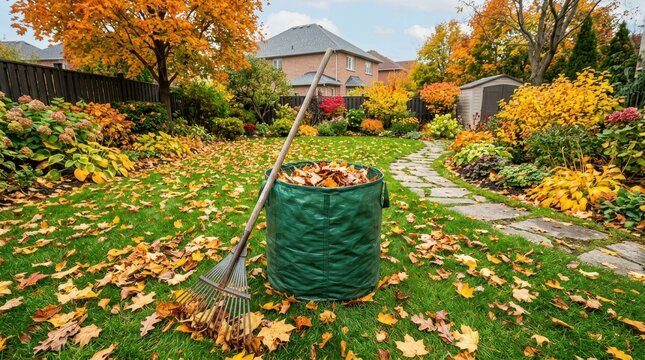 Beautiful autumn garden with fallen leaves, rake and green leaf collection bag.