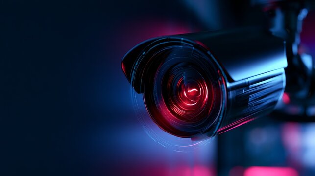 Cctv security camera lens capturing data for protection and privacy, glowing red in blue light