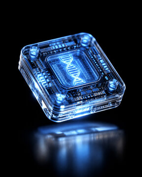Futuristic Biochip and Transparent Microchip with Glowing Blue DNA Strand Helix for Biotechnology and Genetic Research Concept