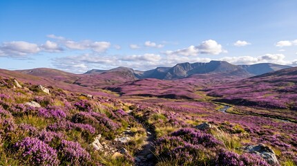 Fototapeta premium Scottish heather moorland in full August purple bloom under blue sky.