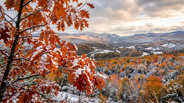 New England first snow dusting on still-orange oak leaves, transition moment.