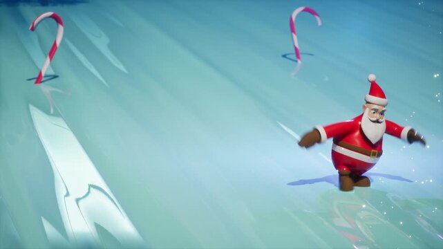 Cute 3d cartoon santa claus character dancing on ice surface for happy christmas. Empty space for wish text