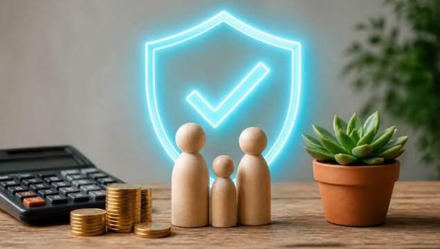 Digital protection and family insurance concept with glowing shield icon and wooden figurines.