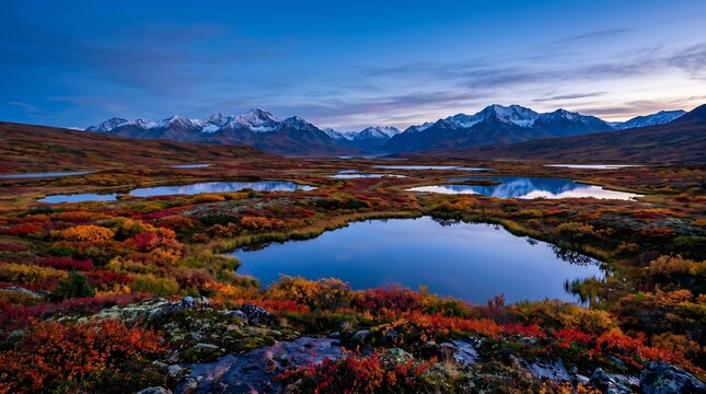 Alaskan tundra autumn - dwarf birch turning crimson, tundra ponds reflecting sky, Premium Nature Stock Photography Capture.