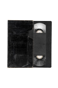 Vintage VHS cassette tape with damaged black paper sleeve cover isolated on white back