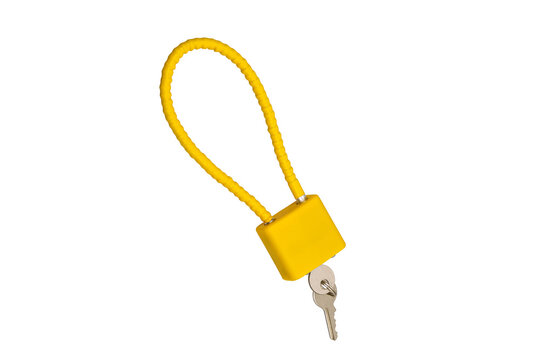 Yellow gun cable lock with key isolated on white back