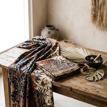 Elegant Indonesian Batik Textile Still Life
**Description:** Premium still life featuring handcrafted Indonesian batik textile with timeless patterns and natural elements, suitable for fashion and cul