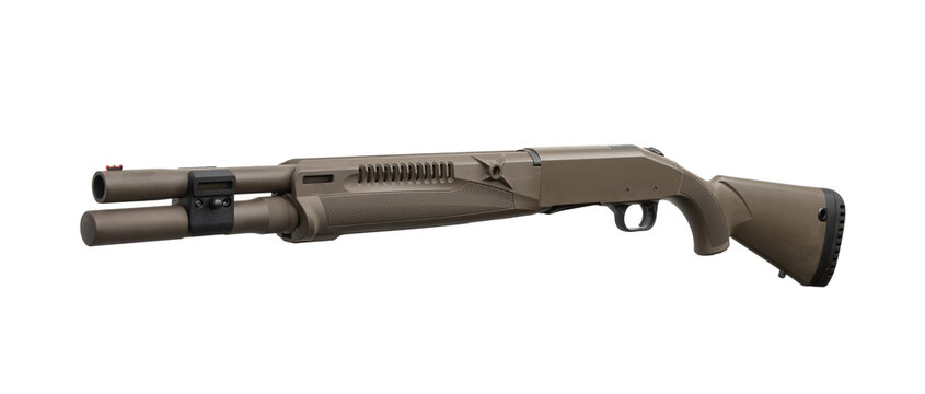 Modern tactical brown semi automatic shotgun isolated on white background.