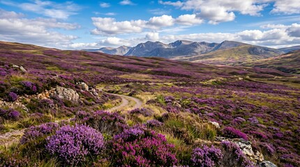 Fototapeta premium Scottish heather moorland in full August purple bloom under blue sky, High-Resolution Travel and Nature Stock Photo.