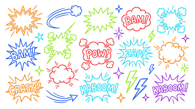 Comic burst doodles. Line twinkle icon with manga effect and chalk sunburst, surprise element. Vector illustration 