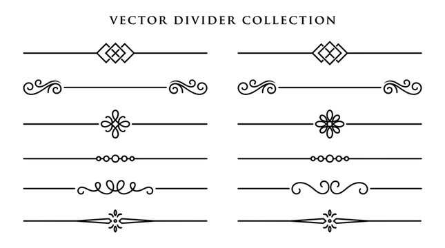 Decorative simple divider. Line borders, dividers for page, text underline. Vector set 
