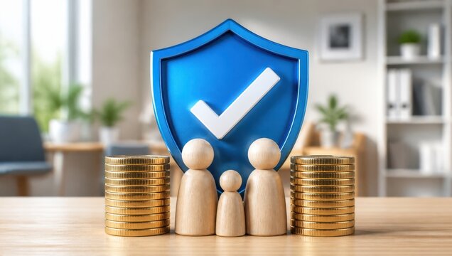 Wooden family figures standing next to golden coin stacks with a large blue security shield.