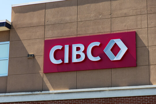 Ottawa, Canada - July 30, 2026: CIBC bank logo sign mounted on exterior building wall