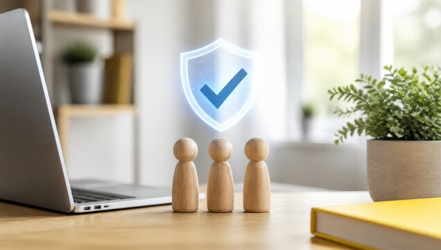 Wooden figures representing a team with glowing security shield icon on modern office desk.