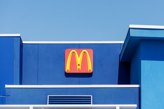 Ottawa, Canada - July 30, 2026: McDonald's logo with Canadian maple leaf on building