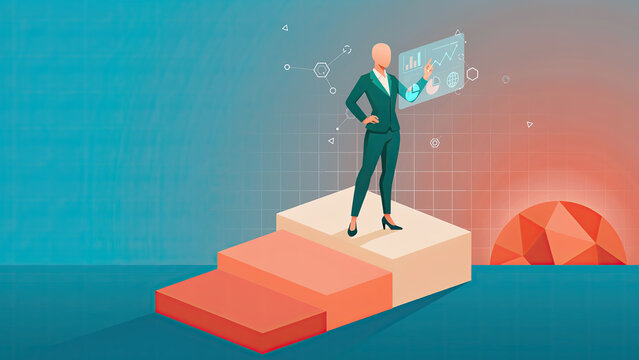 Business woman standing on growing profit steps analyzing virtual data charts in modern digital workspace