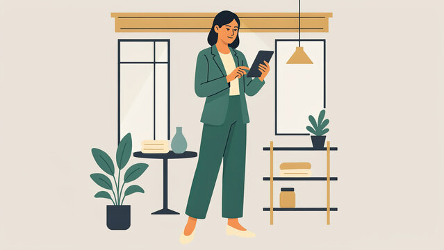 Business woman using a tablet while standing in a minimalist office interior for corporate work