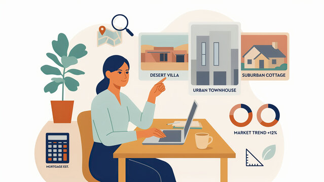 Business woman working at desk evaluating real estate market trends using a laptop computer screen