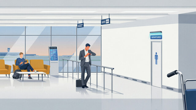 Businessman checking watch in a quiet airport terminal with passengers waiting for departing flights abroad