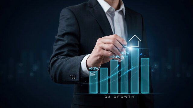 Businessman drawing a rising bar graph on a holographic digital display to show financial growth