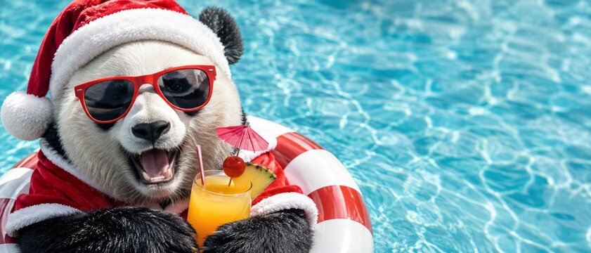 Festive panda relaxing in pool with cocktail, wearing santa hat and sunglasses, celebrating christmas on tropical banner format