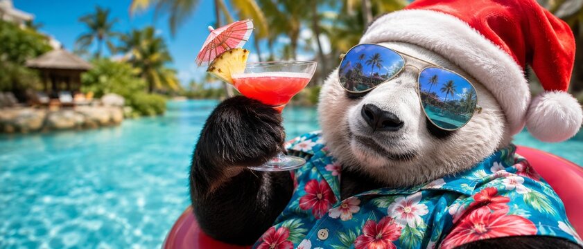 Festive panda relaxing in pool with cocktail, wearing santa hat and sunglasses, celebrating christmas on tropical banner format