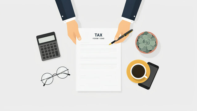Businessman filling out tax forms at a desk with coffee and calculator in flat illustration