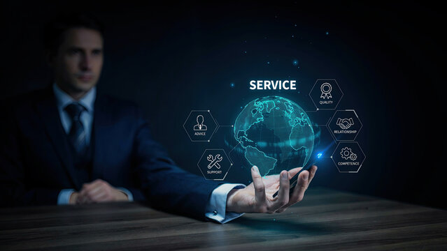 Businessman hand holding a glowing holographic globe with professional service icons for global business support