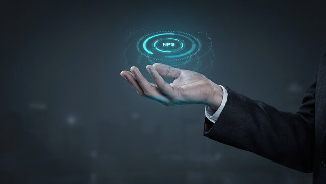 Businessman hand holding digital net promoter score hologram interface in air for customer experience tracking