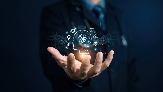 Businessman holding a glowing digital brain icon representing artificial intelligence and advanced machine learning data concepts