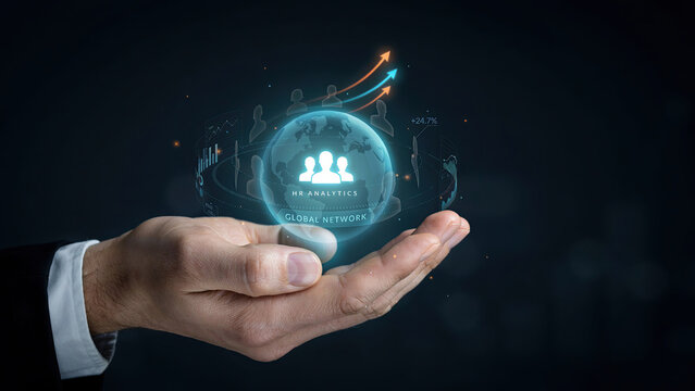 Businessman holding a glowing digital globe showing human resources network and business analytics data icons