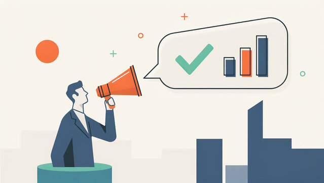 Businessman holding megaphone shouting about business growth and success with simple vector icon elements included