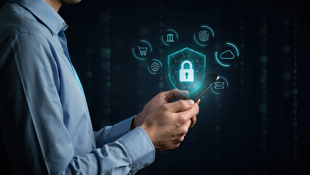 Businessman holding mobile phone with secure shield lock digital interface in a professional tech environment