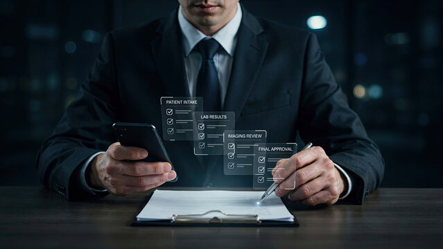 Businessman holding smartphone and pen signing medical approval documents with holographic checklist interface on desk
