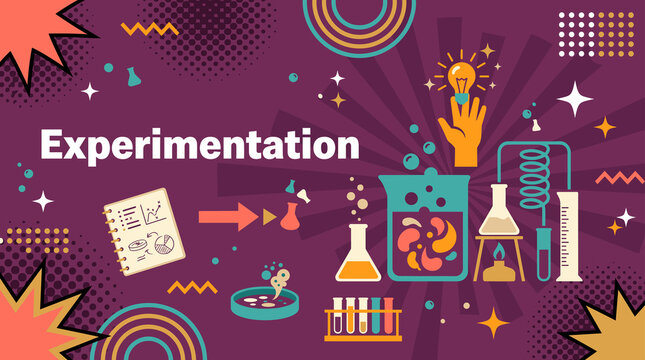 Experimentation concept with laboratory beakers, test tubes, notebook and lightbulb illustration