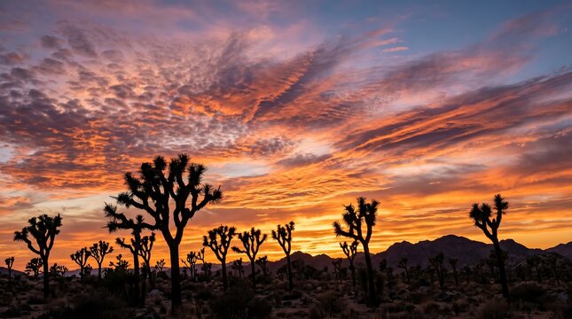 California desert Joshua Tree cactus silhouettes against vivid orange sunset, Professional Editorial Nature Photograph.