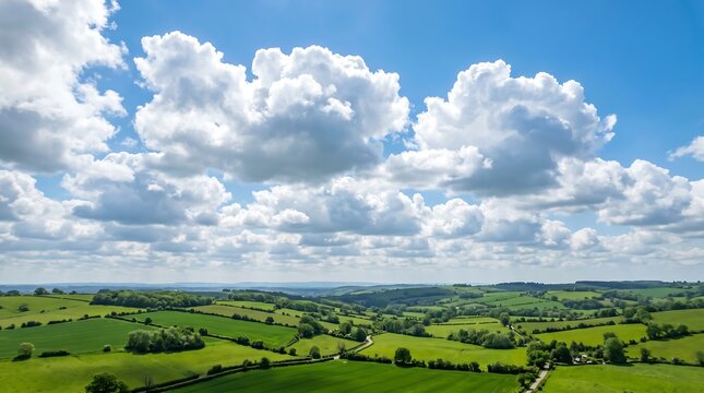 British summertime cumulus clouds over rolling green hills - bright optimistic sky, Professional Editorial Nature Photograph.
