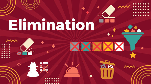 Elimination concept with crossed out boxes, eraser, funnel and trash bin illustration