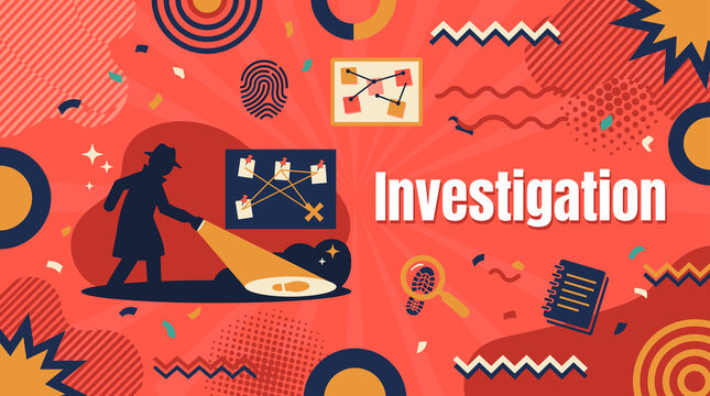 Investigation concept with detective silhouette, flashlight, evidence board and fingerprint illustration