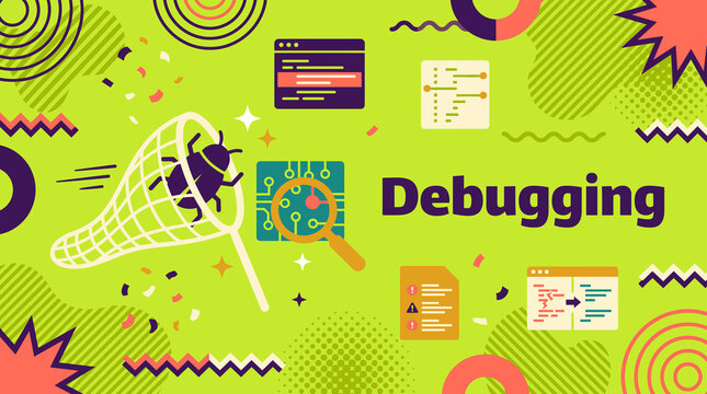 Debugging concept with bug catching net, circuit magnifier and error code illustration