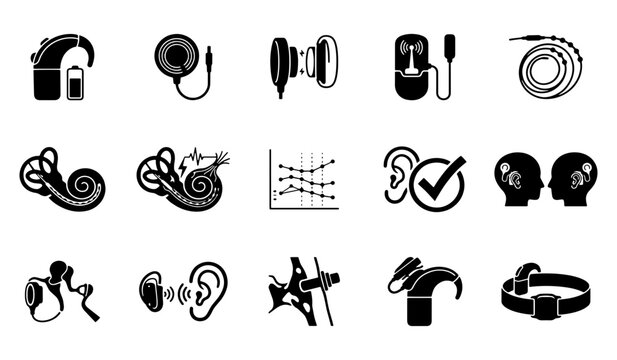 Hearing aid icon set, cochlear implant and audiology symbols, 15 medical ear health vector illustrations for deaf accessibility