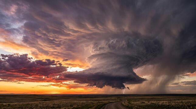 Supercell thunderstorm classic structure over empty Montana plain at sunset, High-Resolution Travel and Nature Stock Photo.